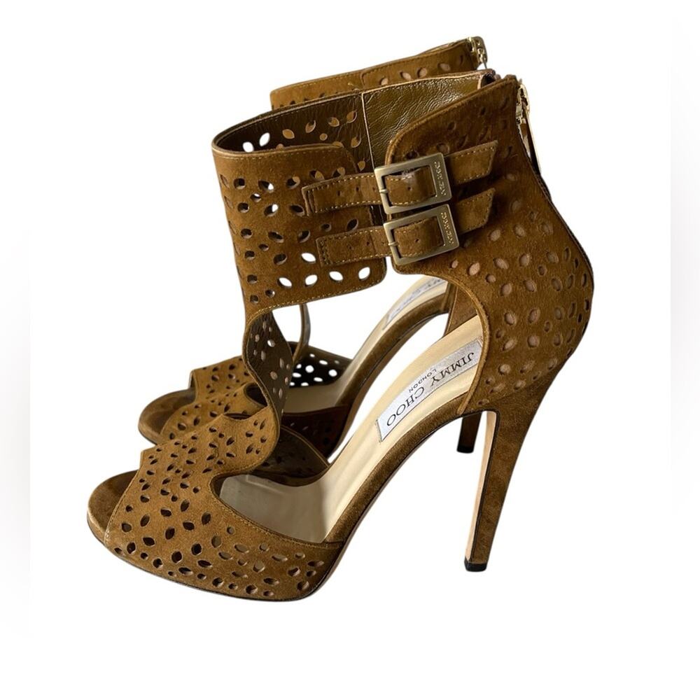 JIMMY CHOO Tahi Blush Perforated Suede Sandal Heels - Sz. 39/US:8.5